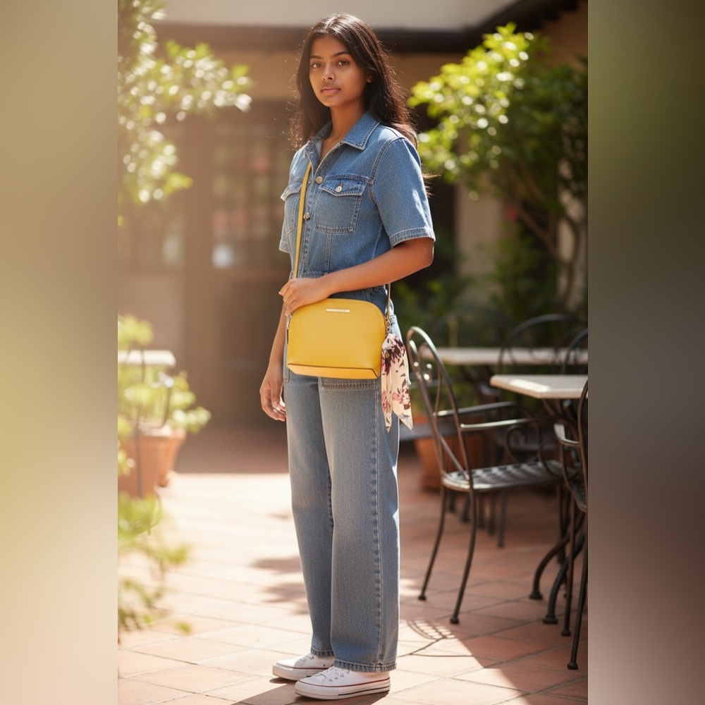 Steve Madden Bright Yellow Crossbody Bag with Floral Scarf Accent